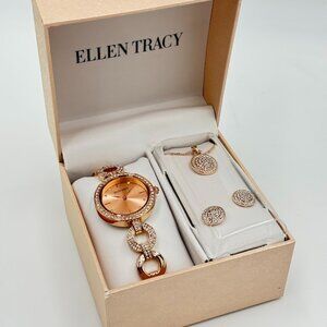 Ellen Tracy Rosetone Pave Crystal Watch, Necklace & Earring Set 7-1/2"